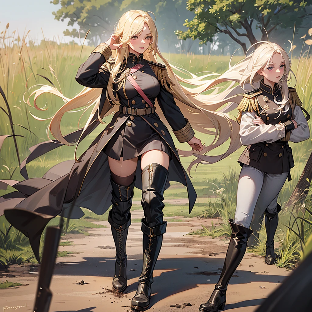 Masterpiece, blonde girl, long straight hair, messy hair, military prussian uniform, walking in a field, prominent breasts, pretty face, pink lips, plunging cheeks, black boots, dark gray uniform, mud-stained boots, slightly dirty clothes, slightly bruised face