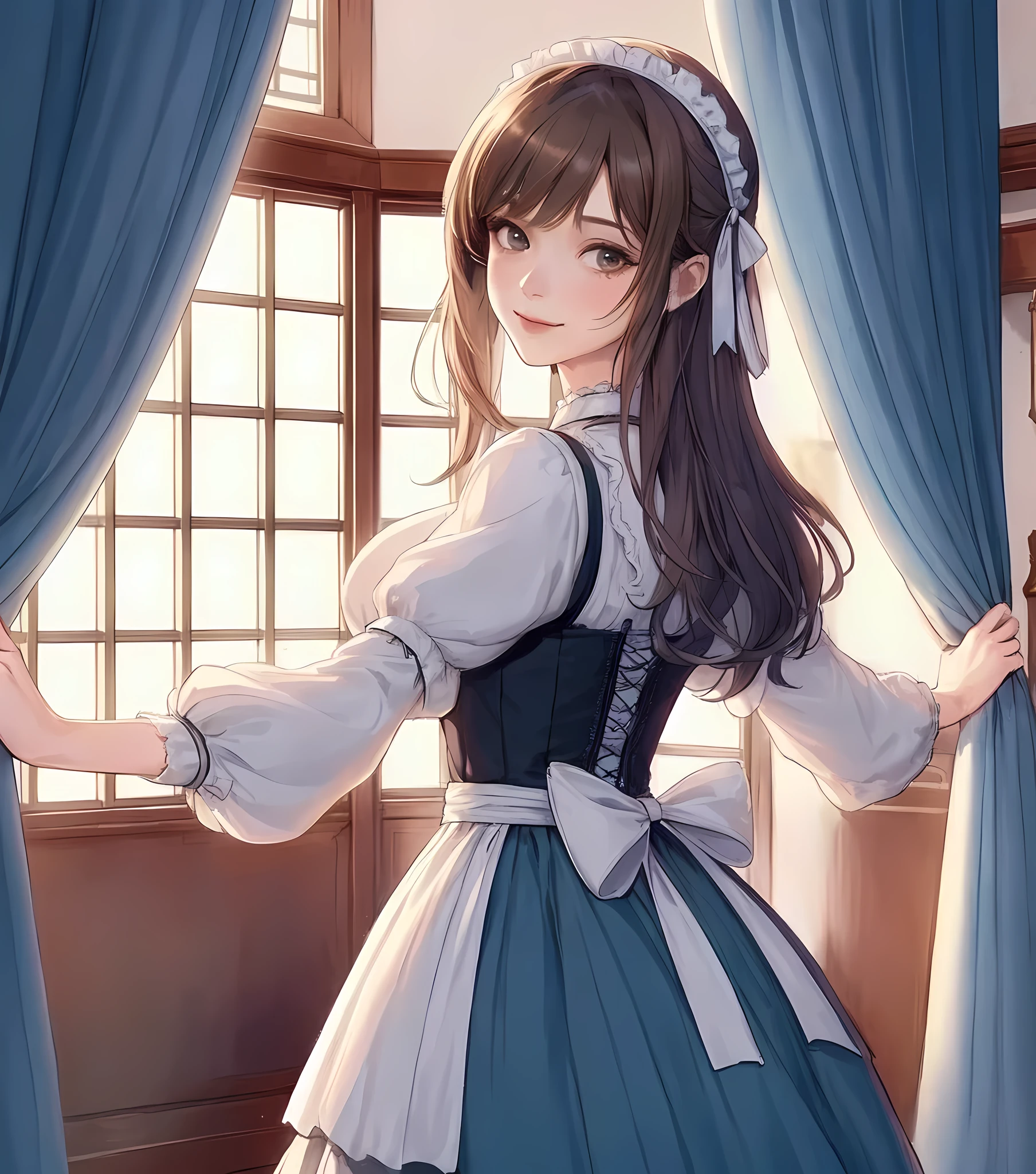 1lady solo, standing, (looking back) (from behind), (opening curtain set on the window), female servant, (maid outfit) classical, (calm attire), (long skirt), (maid headset), mature female, /(brown hair/) bangs, kind smile, (looking at viewers), (masterpiece best quality:1.2) delicate illustration ultra-detailed BREAK (mansion) medieval European, indoors, window, soft sunlight, noon, detailed background
