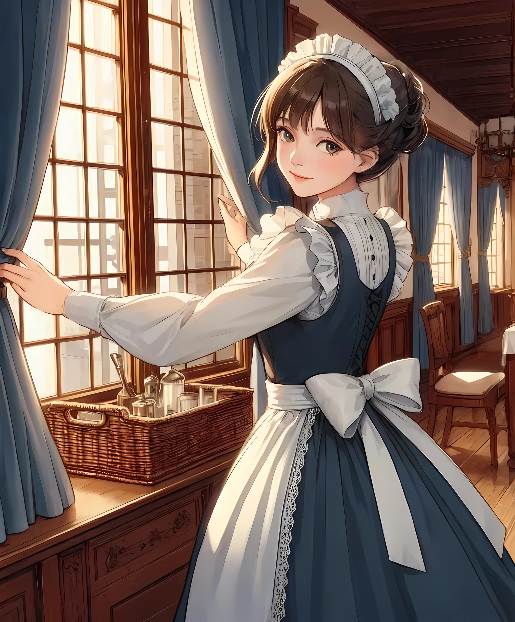 1lady solo, standing, (looking back) (from behind), (opening curtain set on the window), female servant, (maid outfit) classical, (calm attire), (long skirt), (maid headset), mature female, /(brown hair/) bangs, kind smile, (looking at viewers), (masterpiece best quality:1.2) delicate illustration ultra-detailed BREAK (mansion) medieval European, indoors, window, soft sunlight, noon, detailed background