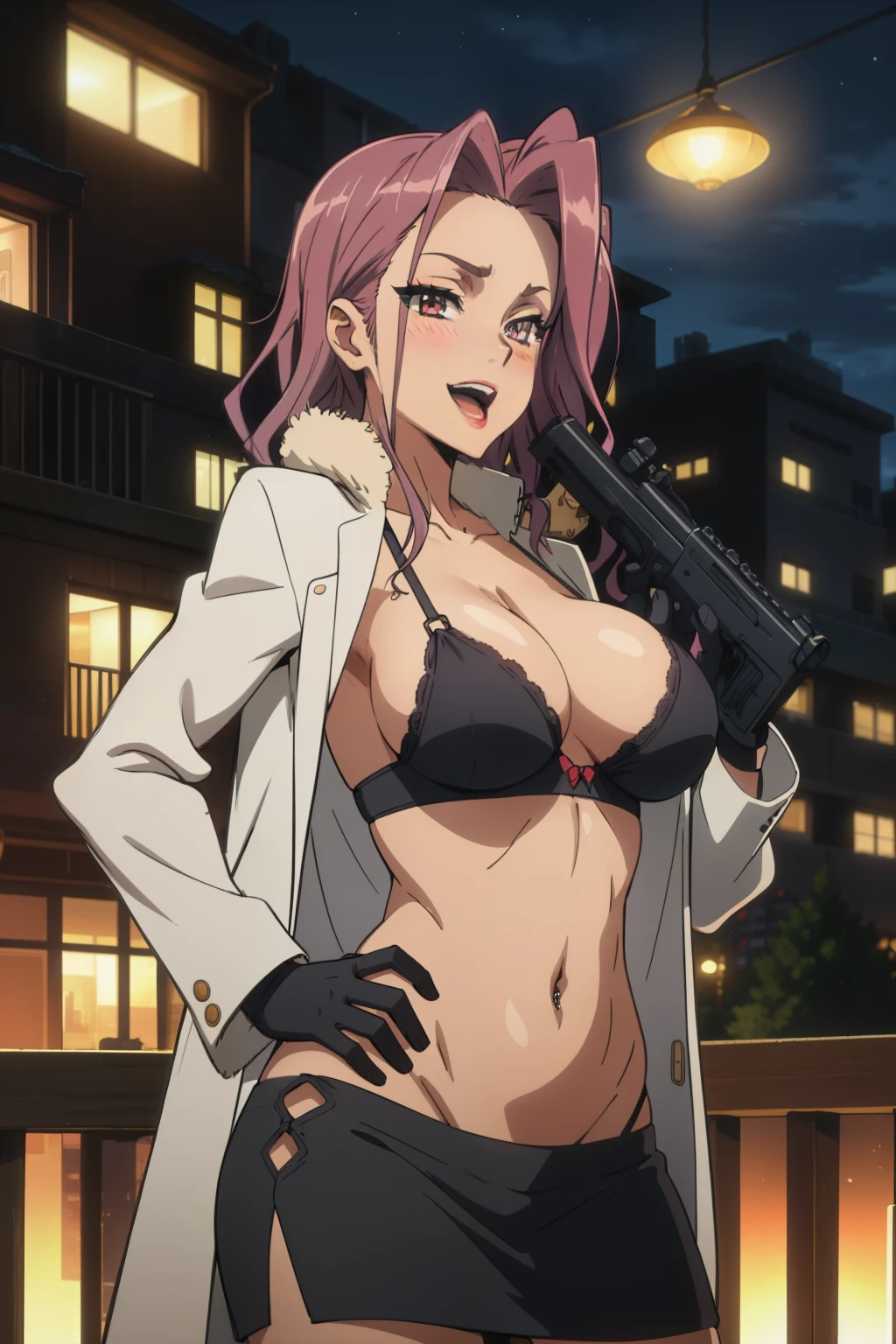 minami rika, blush, lipstick, big breasts, cityscape, building, railing, night, night sky, scenery, city lights, fur trim, mature female, gloves, fur-trimmed coat, police car, masterpiece, best quality, highly detailed, a girls with a gun, open mouth, blazer, sexy gaze, badass pose , evil smile, smile, black bra, anime girl with long hair, long haired girl, navel, evil expression, exposed belly, exposed navel, exposed midriff, exposed lower belly, micro miniskirt, micro pencil skirt, pencil skirt ,holding a gun, outdoor, navel piercing