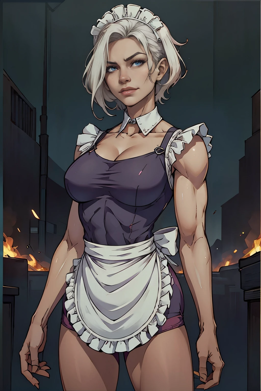 Maid clothesを着た美しいサイボーグの女性兵士、Short white hair、Muscular、Six Pack Abs、(Maid clothes:1.8)、(White ruffled apron:1.4)、Facial blemishes、Eye patch、（Engage in a gunfight with space gangsters：1.5）、Smirking expression、Dynamic configuration、detailed、Photorealistic、8k、High resolution、超detailed、Cinematic lighting、Dramatic colors、SF、Concept Art