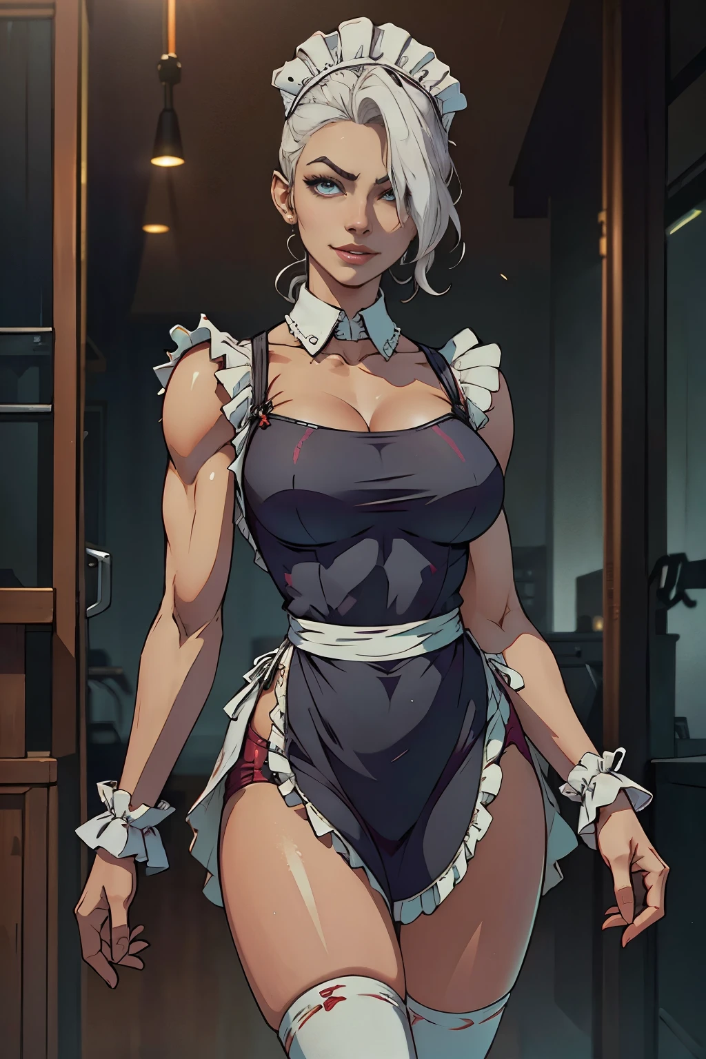 Maid clothesを着た美しいサイボーグの女性兵士、Short white hair、Muscular、Six Pack Abs、(Maid clothes:1.8)、(White ruffled apron:1.4)、Facial blemishes、Eye patch、（Engage in a gunfight with space gangsters：1.5）、Smirking expression、Dynamic configuration、detailed、Photorealistic、8k、High resolution、超detailed、Cinematic lighting、Dramatic colors、SF、Concept Art