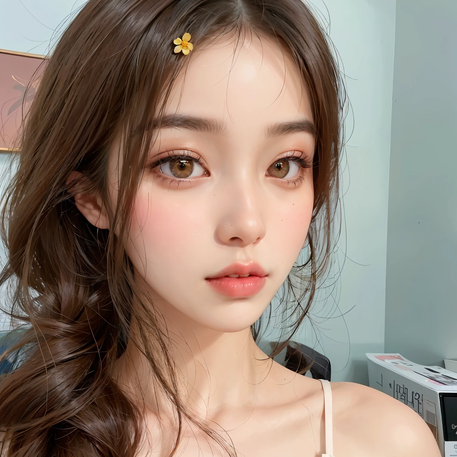 There is a young woman with a yellow flower in her hair, Young and lovely Korean face, pale korean lovely face, Jinyoung Shin, Jaeyeon Nam, Best Face, Beautiful Korean Woman, beautiful aesthetic face, pale, round face, popular makeup in korea, beautiful and delicate face, With a cute face - it's okay, Korean facial features, popular korean makeup, Beautiful young Korean woman
