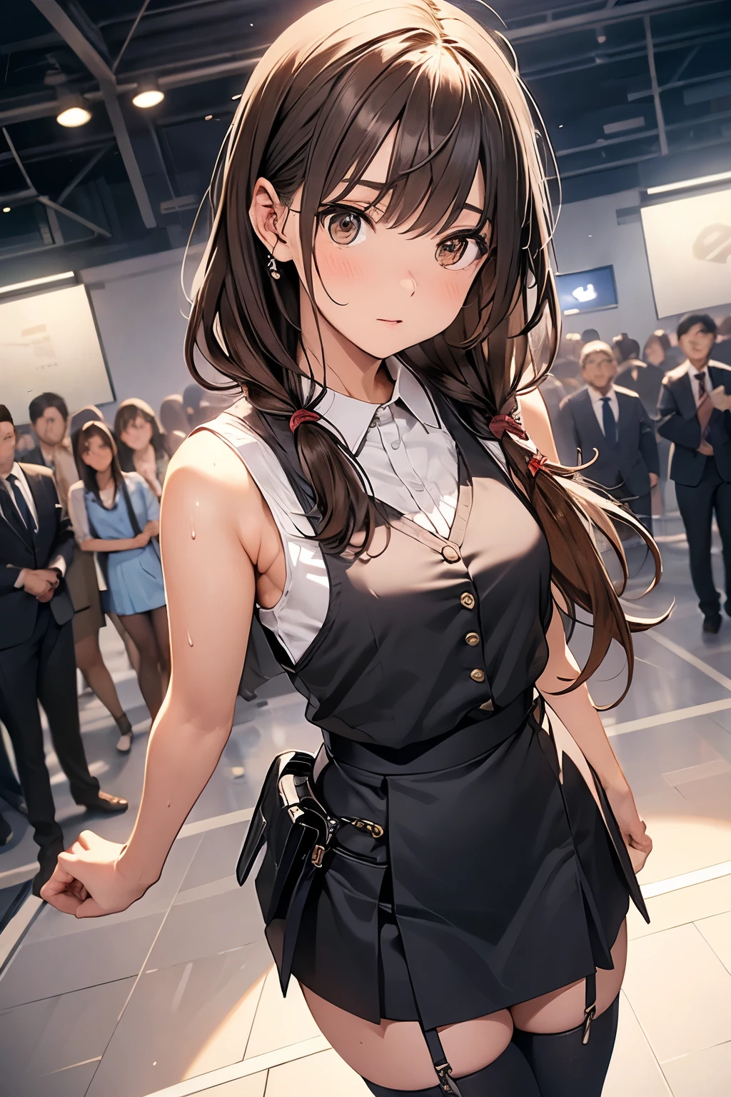 Brown Hair、Staring at the audience Black suspenders bulging big breasts wall: garter sight Small face holster Beautiful woman Show your hand sight Taunt side side汗 arm Dress shirt Black Suit ベルト wall際 Put your hands up Both hands above head Armpit sweat mini skirt