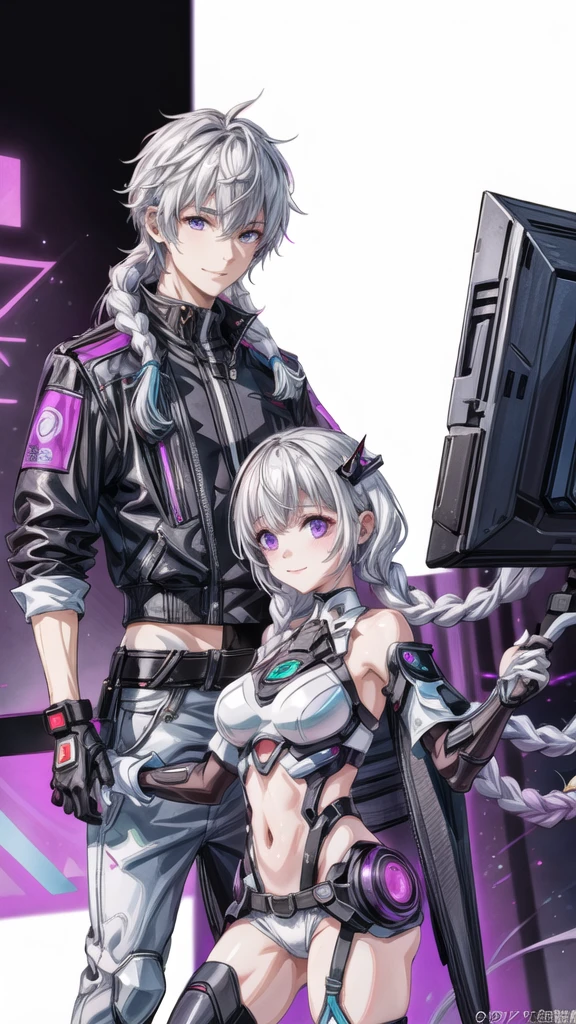 Disorganized、Man and woman couple、highest quality、Masterpiece、Official Art、16K、The best composition、The best light source、The girl has milky white hair with purple inner color, twin long braids, and black clothes in a cyberpunk style.、The man has milky white short hair and a cyberpunk look in white and light blue.、They are gazing at each other lovingly.、A kind smile、