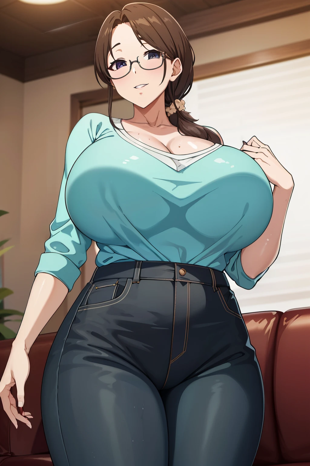 (超High resolution,4K,Super detailed, photograph, 8k, High resolution, High resolution, Absurd:1.2),40-year-old Japanese woman,tall,Long black hair,Beautiful character design,Beautifully detailed eye depiction,Perfect face,Expressive eyes,Brown Eyes,smile,Blue denim pants,topless,(Huge saggy breasts:1.2)(Deep valley:1.6),Narrow waist,at living room,Daytime,Cowboy Shot