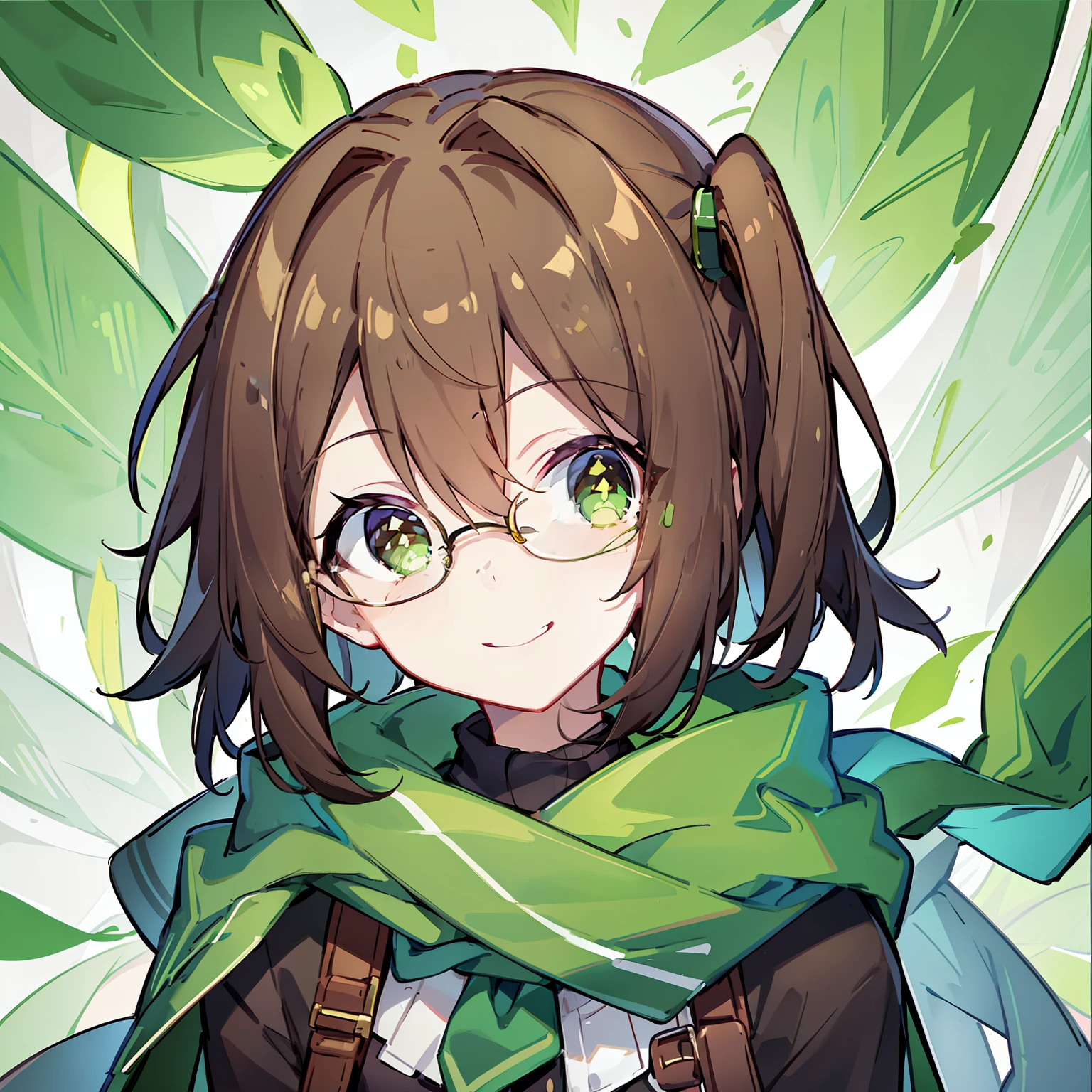 (brown side ponytail),((Brown hair)),Green Eyes,scarf,Green punk jacket,Daughter,Smile,Glasses