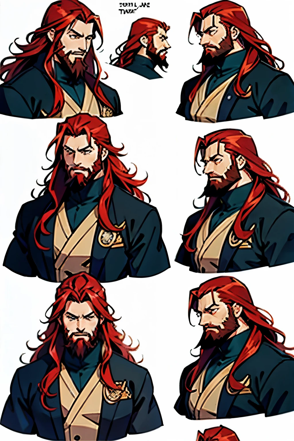 Anime guy with long red hair and a beard, manga page with 5 panels with dialogue