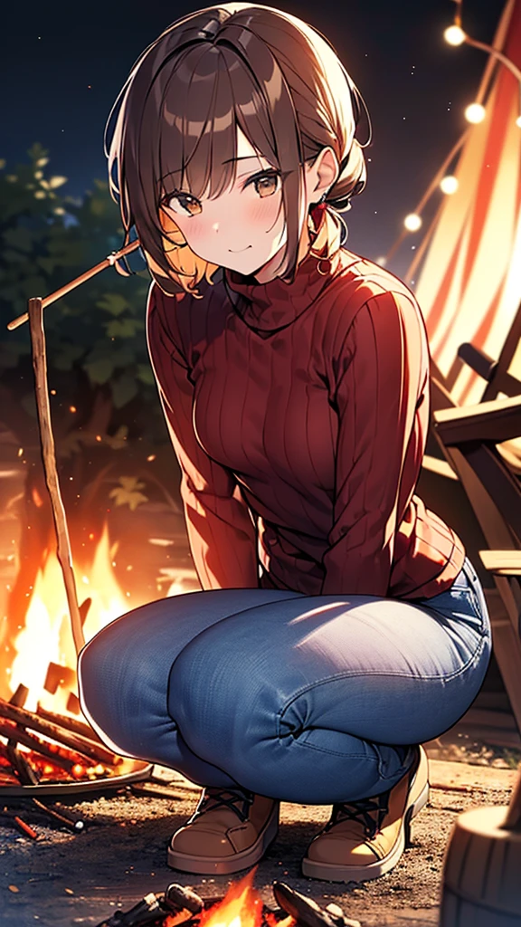 1 girl, (alone), ((SFW:1.25)), (Mature Woman), Mature Woman, ((Beautiful fine brown eyes:1.2, A face with attention to detail)), (Brown short hair), Updo,  (Wearing a white turtleneck sweater, Slightly chubby,Small breasts,Small cable knit on the bottom, Navy blue skinny jeans), Roasting sweet potatoes over a campfire, Holding a skewer of sweet potato, (Crouching by the campfire:1.2), Put a stick into the bonfire, Outdoor, In the garden of the house, (Ultra-high resolution, 8K Raw Photos, Ultra-realistic, Detailed, masterpiece, Clear focus), ((Correct Anatomy:1.2)), Dynamic Angle,