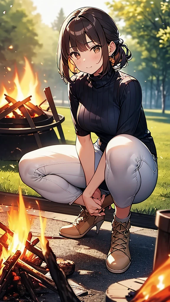 1 girl, (alone), ((SFW:1.25)), (Mature Woman), Mature Woman, ((Beautiful fine brown eyes:1.2, A face with attention to detail)), (Brown short hair), Updo, (Wearing a white turtleneck sweater, Slightly chubby,Small breasts,Small cable knit on the bottom, Navy blue skinny jeans), Roasting sweet potatoes over a campfire, Holding a skewer of sweet potato, (Crouching by the campfire:1.2), Put a stick into the bonfire, Outdoor, In the garden of the house, (Ultra-high resolution, 8K Raw Photos, Ultra-realistic, Detailed, masterpiece, Clear focus), ((Correct Anatomy:1.2)), Dynamic Angle,