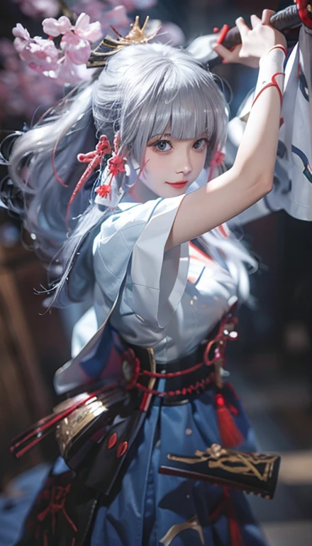 sword, arms, Holding sword, kimono, knife, One girl, Long Hair, alone, Holding arms, Holding, Silver Hair, Blurred, white kimono, Sparkle, chest, very Long Hair, View Viewer, sheath, Water Drop, Shrine maiden, Short sleeve, Mouth closed, Depth of written boundary, bangs, kimono, Blurred foreground, Blurred background, smile, unsheathed, bubble, In the same way, Wide sleeves