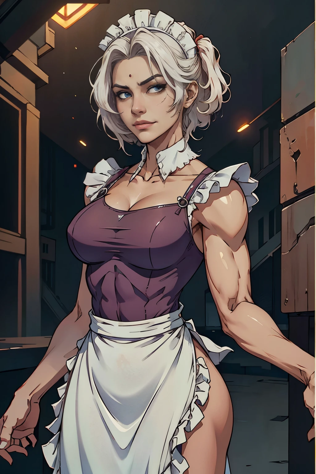 Maid clothesを着た美しいサイボーグの女性兵士、Short white hair、Muscular、Six Pack Abs、(Maid clothes:1.8)、(White ruffled apron:1.4)、Facial blemishes、Eye patch、(Engage in a gunfight with space gangsters:1.5)、Smirking expression、Dynamic configuration、detailed、Photorealistic、8k、High resolution、超detailed、Cinematic lighting、Dramatic colors、SF、Concept Art