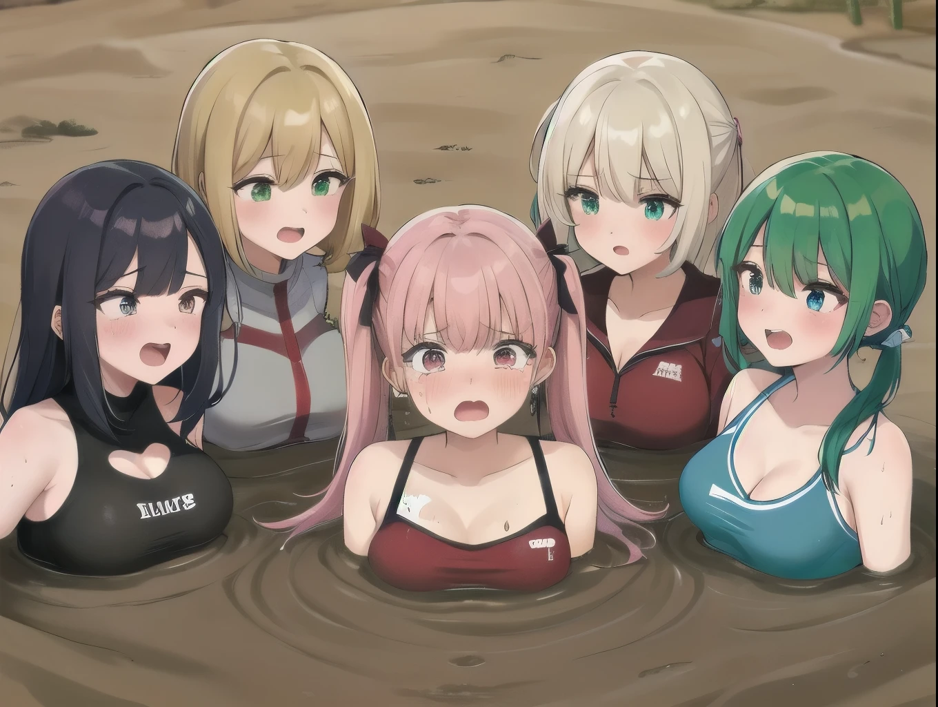 best quality, female, multiple girls, group submerged, standing, front view, muddy, large breasts, wasteland, desert, best quality, sinking, quicksand, 6girls, crowded, close up, sand, multiple girls, slender, blonde hair, black hair, blue hair, silver hair, red hair, pink hair, green hair, 6 girls, tears, blush, drowning, waist deep, wrapped by quicksand, 6 girls in quicksand, desertscape, 6girls together, scream, screaming, struggling, drowning, 6 girls drowning, 6 girls wrapped by quicksand, eye glasses, brown skin, twin tails, bow shaped hair, cheerleader, cleavage