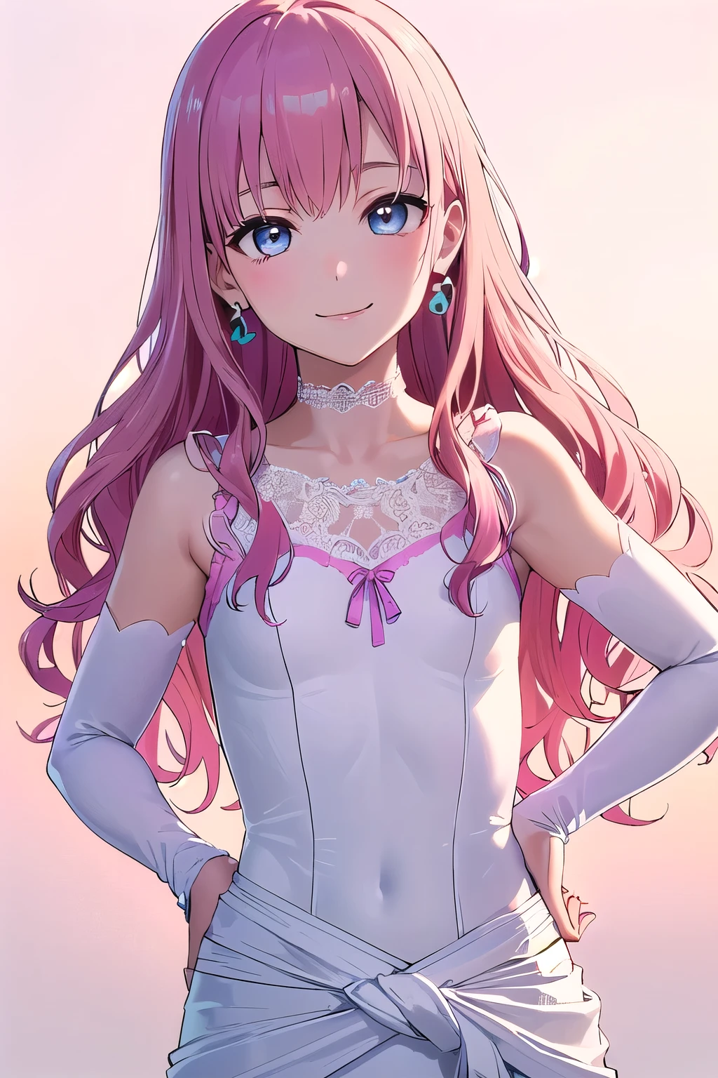 (8K, top-quality, masterpiece:1.2), (reallistic, Photorealsitic:1.37), Super Detail, One girl, (Highly detailed), (beautifully detailed eyes), (of the highest quality), (super detailed), (masterpiece), (Detailed face), 20yr old, 1 girl, ((pink hair, long hair)), medium breasts, clothed, Perfect Lighting, BREAK (cute bodysuit:1.5), (pastel pink:1.4), (white polka dots:1.4), (spandex:1.3), (smooth texture:1.3), (tight silhouette:1.4), (high-cut legs:1.3), (frills on chest and waist:1.4), (lace details:1.4), (small ribbons:1.3), (pastel pink knee-high socks:1.4), (white lace trim on socks:1.4), (pastel pink ballerina flats:1.4), (white ribbon accents on shoes:1.3), (pastel pink minimalist choker:1.3), (simple white stud earrings:1.3), BREAK (upper body to thighs:1.3), (pink long wavy hair:1.5), (smile:1.4), (slightly squinted eyes:1.3), (face slightly tilted right:1.2), (left hand on hip:1.3), (right hand relaxed:1.2), (pastel background:1.3), (small white dots:1.2), (soft natural light:1.4), (warm ambiance:1.3)