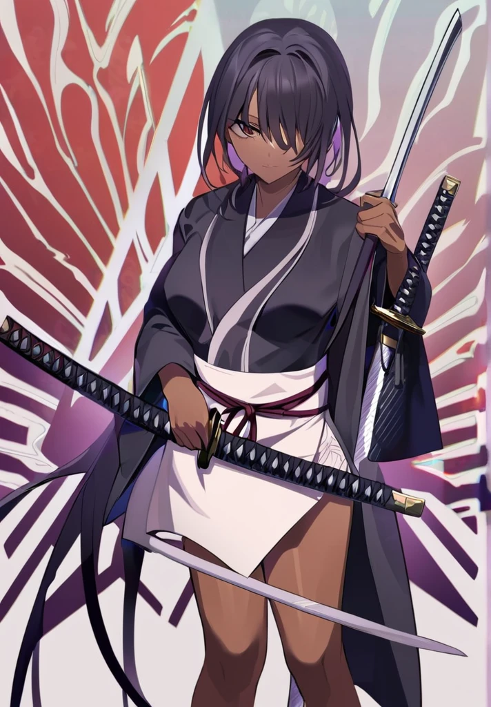 Personagem feminino, sobretudo preto da cabelos longos marrons, usa katana