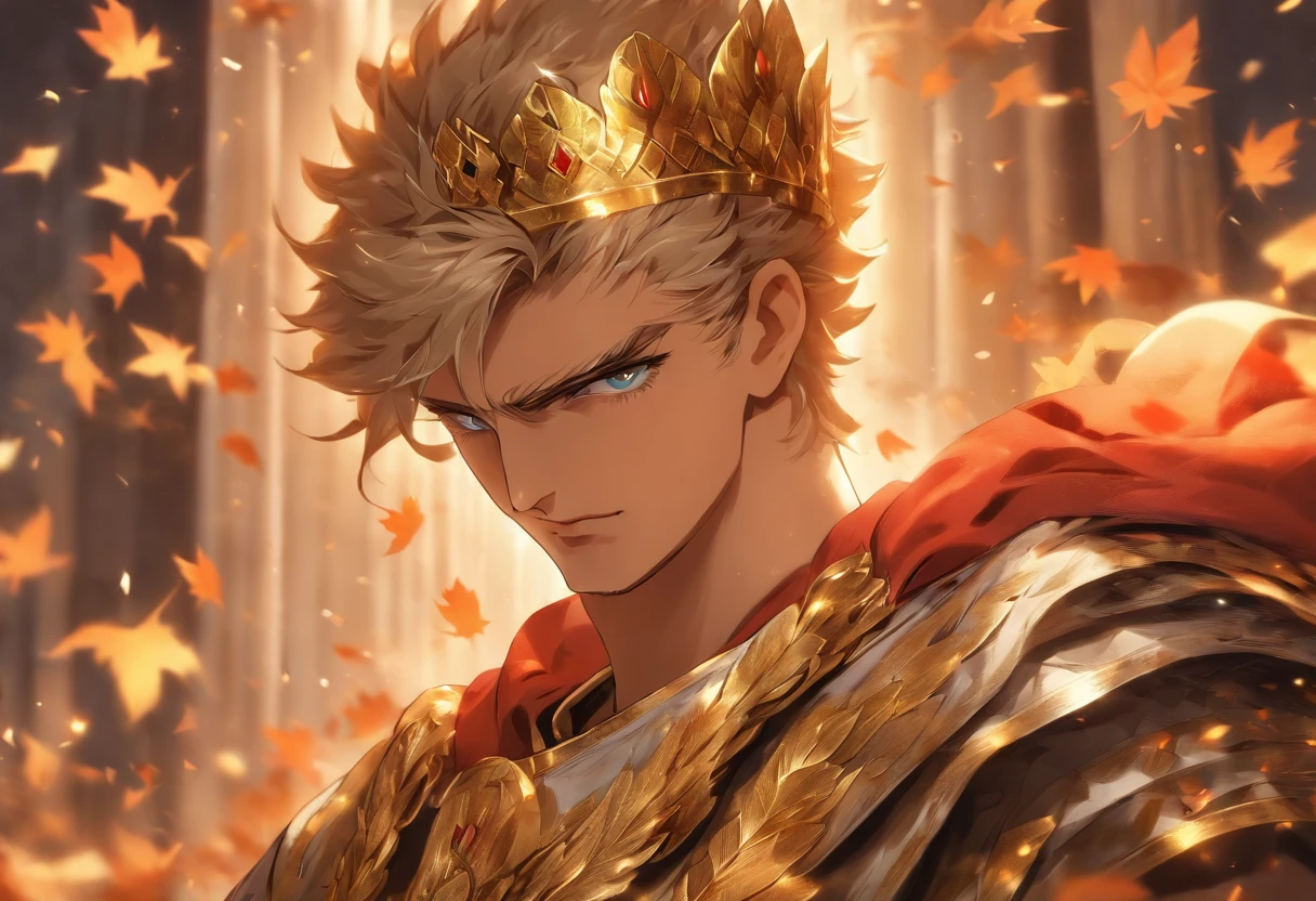 Reincarnation of the Roman emperor Constantine the Great, wearing a suit, eyes that shine brightly like the eyes of a lion, eyes sharp like an eagle, a gentle smile, a calm but cool-headed, ambitious, aura of a ruler, a first-class politician, tall, strong, Rome background, autumn, maple leaves,masterpiece。top-quality。Super beautiful。The ultra -The high-definition。detaileds。exquisite。(masutepiece, Digital Art, Digital Illustration, 4K, 8K, Ultra-detailed, beautiful image, Sharp Image, Photorealistic, Raw photo, Perfect face, Perfect lines, Perfect eyes, Soft lighting)
