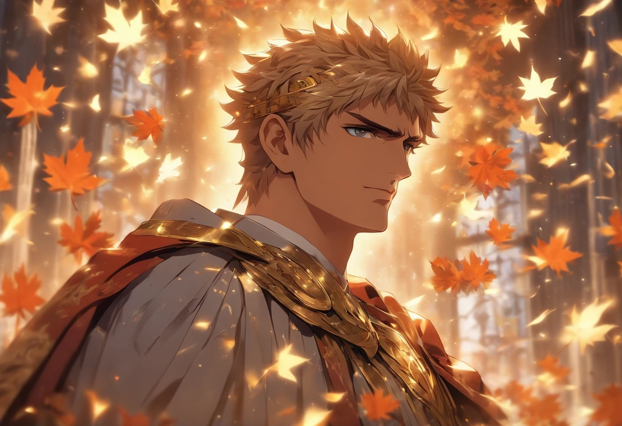 Reincarnation of the Roman emperor Constantine the Great, wearing a suit, eyes that shine brightly like the eyes of a lion, eyes sharp like an eagle, a gentle smile, a calm but cool-headed, ambitious, aura of a ruler, a first-class politician, tall, strong, Rome background, autumn, maple leaves,masterpiece。top-quality。Super beautiful。The ultra -The high-definition。detaileds。exquisite。(masutepiece, Digital Art, Digital Illustration, 4K, 8K, Ultra-detailed, beautiful image, Sharp Image, Photorealistic, Raw photo, Perfect face, Perfect lines, Perfect eyes, Soft lighting)