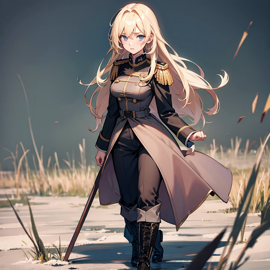 Masterpiece, one girl, blonde girl, long straight hair, messy hair, military prussian uniform, walking in a field, prominent breasts, pretty face, pink lips, plunging cheeks, black boots, dark gray uniform, mud-stained boots, slightly dirty clothes, slightly bruised face