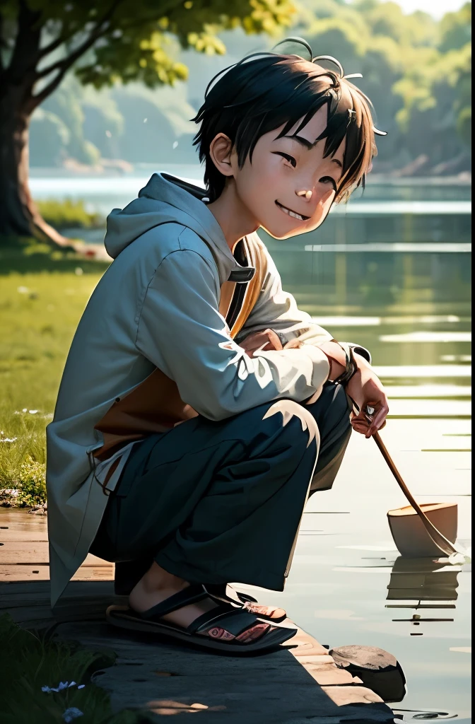 Main Character: Xiao Ming from a poor family

Character State: Xiao Ming is playing by the lakeside. He is a , skinny boy wearing a tattered but clean coat. His face bears an innocent and kind smile, with eyes filled with determination and hope. He is holding a homemade toy boat, enjoying his time by the lake.

Pose and Attire: Xiao Ming is crouching by the lake, gently pushing the toy boat into the water. His coat is visibly worn out, with patches and frayed edges, but it is clean and carefully maintained. His posture shows a sense of joy and contentment despite his poverty.


Style: Disney Pixar style animation
