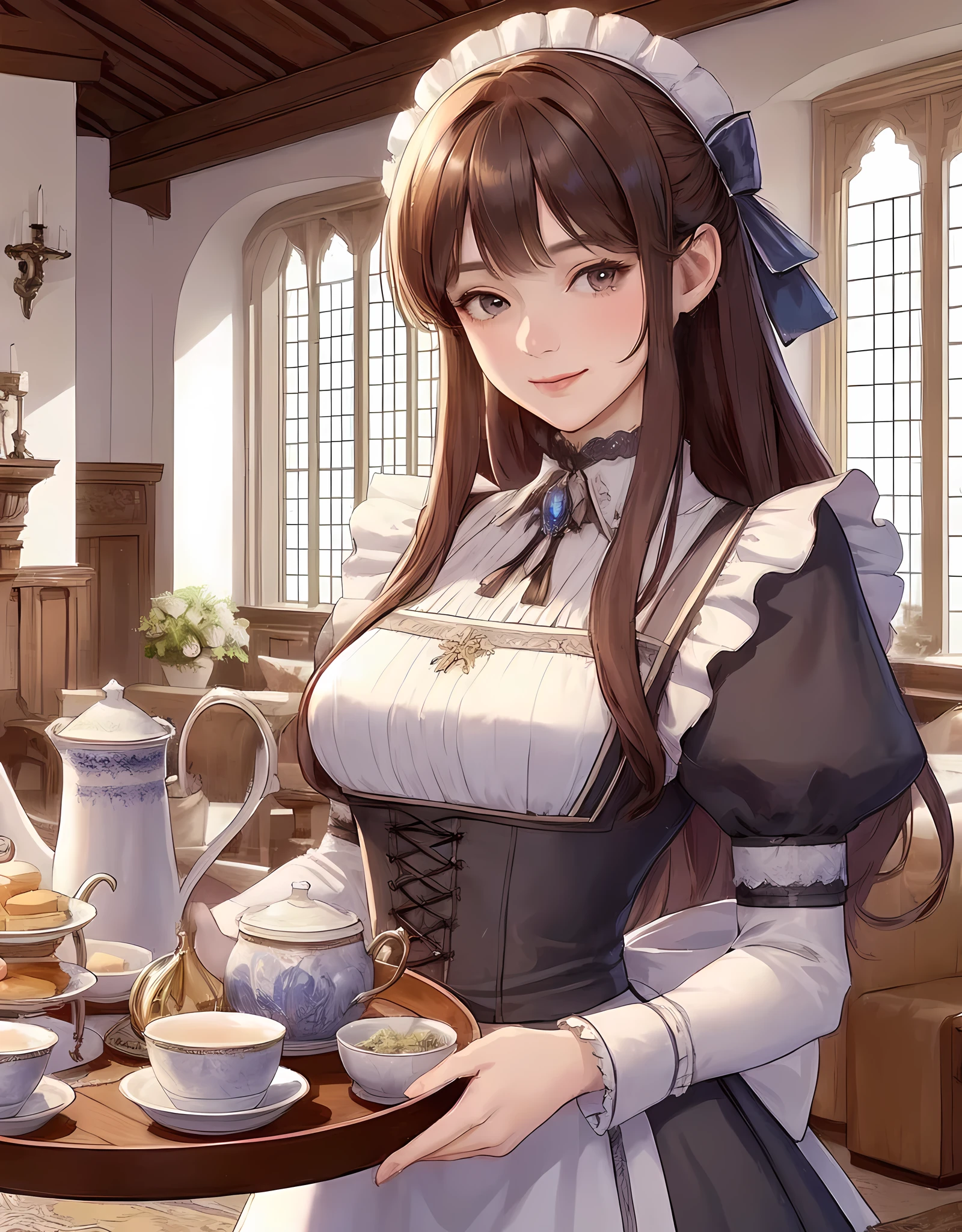1lady solo, standing, (holding tray with elegant tea set and snacks on it), female servant, (maid outfit) classical, (calm attire), (long skirt), (maid headset), mature female, /(brown hair/) bangs, kind smile, (looking at viewers), (masterpiece best quality:1.2) delicate illustration ultra-detailed, large breasts BREAK (mansion) medieval European, indoors, antique furniture, noon, detailed background