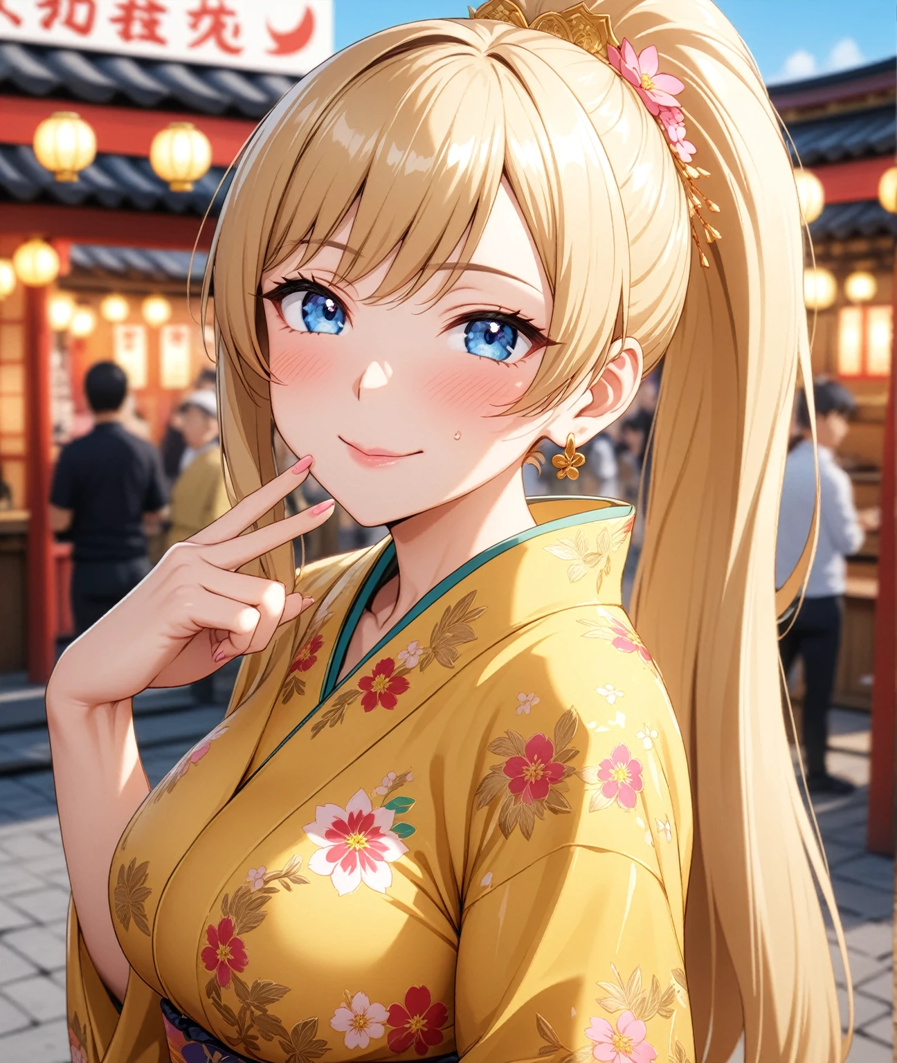 ((One woman)), Beautiful Face,Embarrassed,((Wink:1.8)),(Touching ears with fingers),真っ赤にEmbarrassed,Sweat on the face,Glossy pink lips,night,Shrine festival stalls, ((Anime style background)),masterpiece, highest quality, so beautiful, up to date, Complex details, (Pink long nails),AI-generated, Complex,High resolution, highest quality, super high quality,3D Images、View the viewers、3D Images,one person,Long Blonde Hair,High Ponytail,blue eyes,Anime woman posing for a photo, [[Fine grain、Colorful eyes、Shining Eyes:1.15]],(Squint your eyes:1.1),a hyperRealistic , hyperRealistic , Realistic,Blonde anime woman with long hair, Smooth anime CG art, A woman in a colorful kimono with gold embroidery, (Yellow kimono),Pink floral pattern,Long flower hair ornament,Big earrings,(Large Breasts:1.2),Mature Body,tall,Big Ass,Fine details,Narrow waist,Six-pack,Photographed from diagonally above,looking at the camera