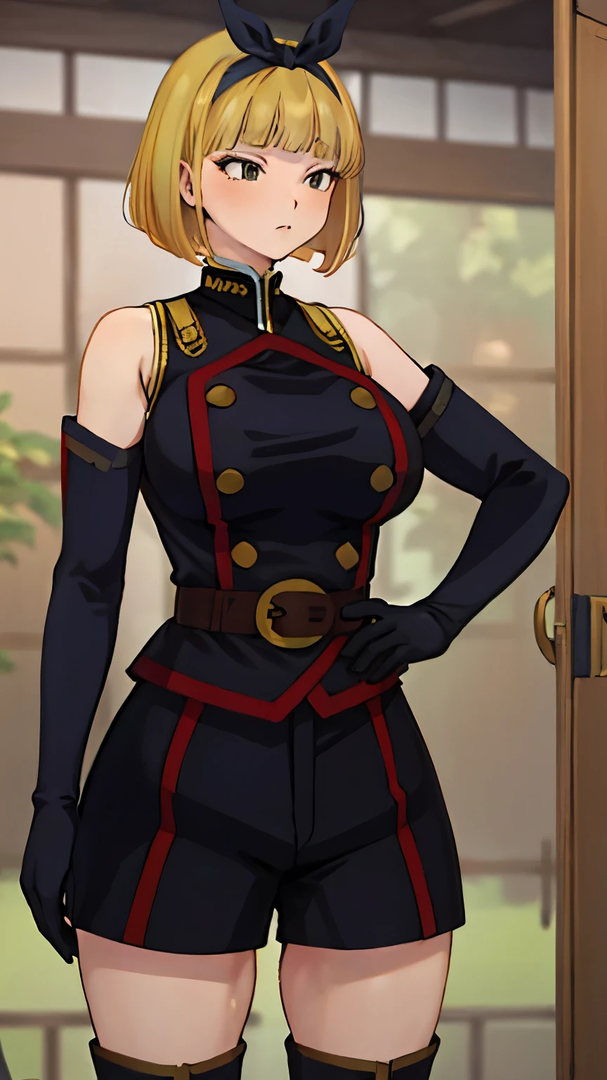 (masterpiece, highest quality, Intricate details,4K, 8k, 32k, Ultra HD、so beautiful)、alone、, Show Viewer,mashuu,mashuustyle,Detailed Background、A person who writes in detail、Accurate human body、Knowledgeable person、The correct five、Mature Woman,Big Breasts, Thick thighs,cruvy body,giant woman,ShushuSuruga, bob cut, black hairband,(( military uniform)), bare shoulders, elbow gloves, belt, black shorts, knee boots,((Blonde Hair)),in town,((pussy juice))