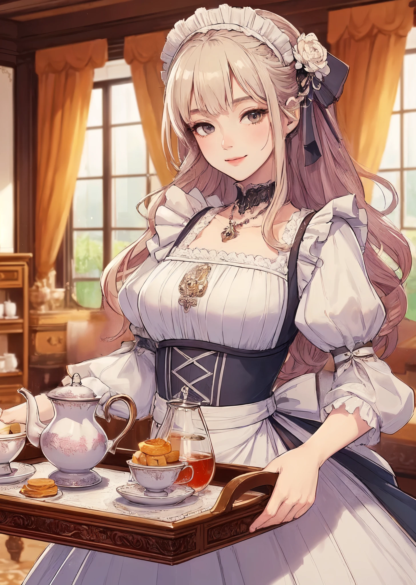 1lady solo, standing, (holding tray with elegant tea set and snacks on it), female servant, (maid outfit) classical, (calm attire), (long skirt), (maid headset), mature female, /(white beige hair/) bangs, kind smile, (looking at viewers), (masterpiece best quality:1.2) delicate illustration ultra-detailed, large breasts BREAK (mansion) medieval European, indoors, antique furniture, noon, detailed background