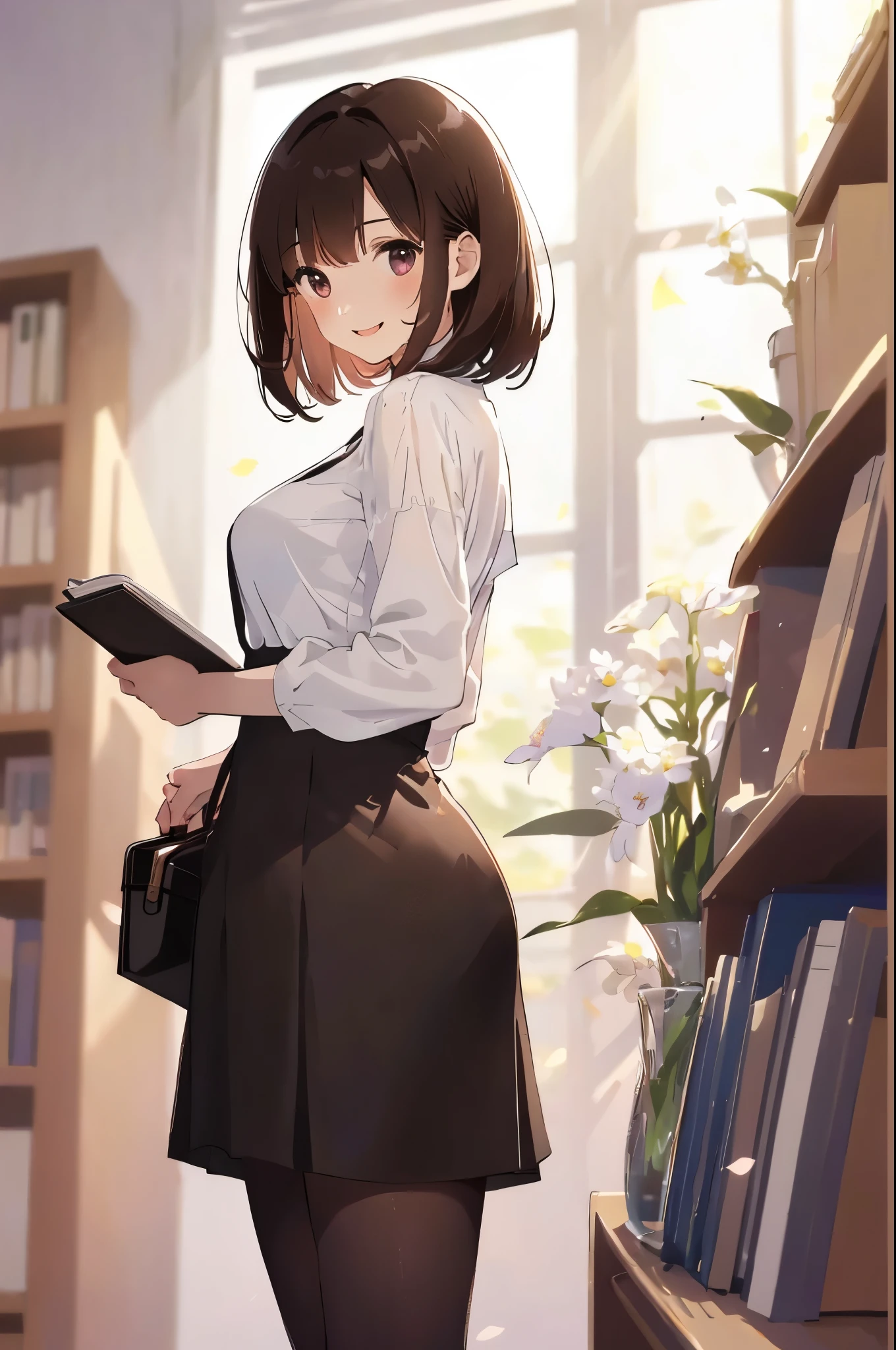 best quality, masterpiece, (solo:1.2), (1 Female:1.2)、Age 25、Larger breasts、(Slender figure)、From the side、Book in hand、Bookshelf、(office lady)、sheer white blouse、Black Skirt、tights、(White highlight in pupil:1.2)、Dark reddish brown eyes、(Black-haired:1.2)、(Medium Hair)、(View your viewers:1.2)、White skin、(blush)、(A shy smile)、(I blur the background a lot to make the woman stand out.:1.3)、(The sunlight shines in)、Half backlight、Beautiful flowers in the background