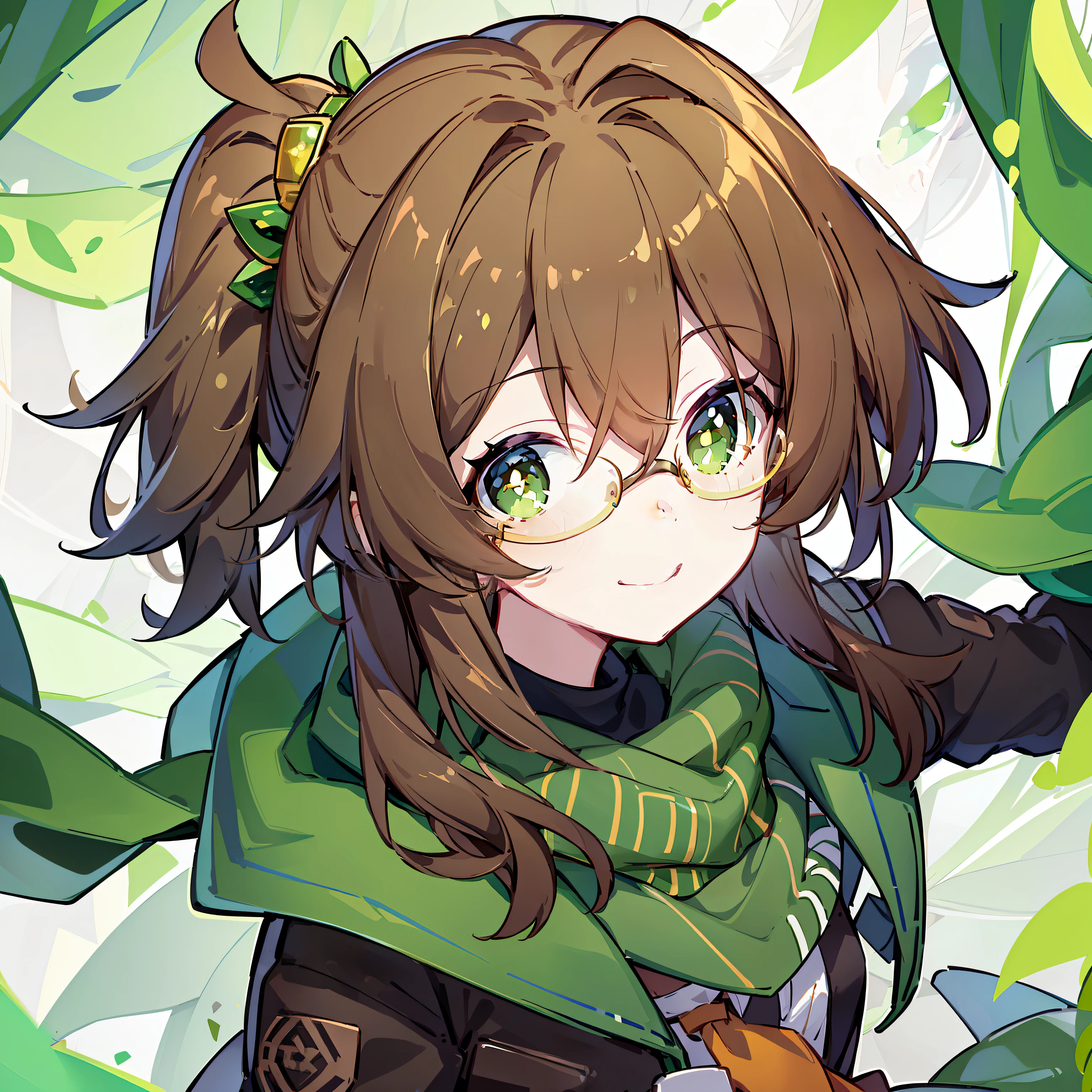 (brown side ponytail),((Brown hair)),Green Eyes,scarf,Green punk jacket,Daughter,Smile,Glasses