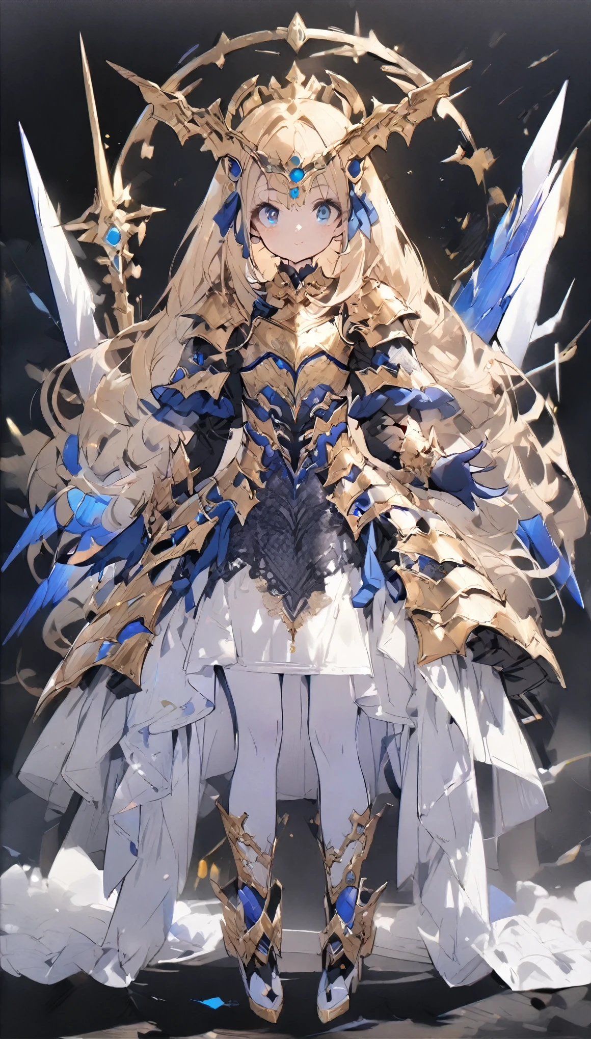 score_9, score_8_up, score_7_up, best quality ,masterpiece, 4k, Japanese anime, 1girl, (white skin:1.2), blonde hair, drill hair, blue ribbon, (mechanical dragonhorn:1.5), (mechanical wing:1.2), (eye lashes:1.3), (eye shadow:1.3),blue eyes, (beautiful detailed eyes:1.4), laugh, 130cm tall, original character, fantasy, (black background:1.2), (full body:1.8), beautiful fingers, standing, (blue gold lace frill armor dress:1.5), (mechanical headdress:1.5) ,mechanical halo, shoot from front, looking at viewer ,