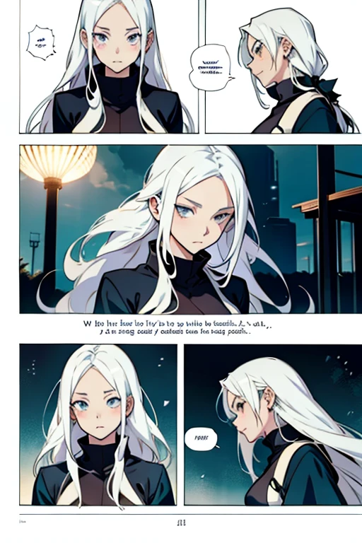 Anime girl with long white hair, manga page with panels and dialogue 