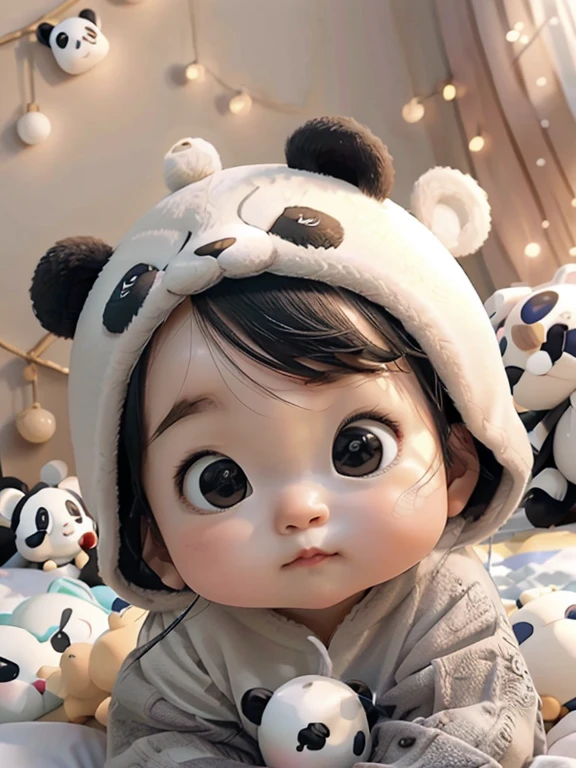in anime、Porter un costume de panda、Take a cute pose in a bedroom on the bed in the evening before bedtime in low lighting. pour que l’enfant puisse dormir Take a side photo、je ris aux éclats.、baby face