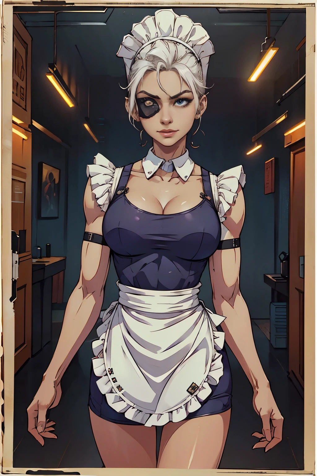 Maid clothesを着た美しいサイボーグの女性兵士、Short white hair、Muscular、Six Pack Abs、(Maid clothes:1.8)、(White ruffled apron:1.4)、Facial blemishes、Eye patch、（Engage in a gunfight with space gangsters:1.55）、Smirking expression、Dynamic configuration、detailed、Photorealistic、8k、High resolution、超detailed、Cinematic lighting、Dramatic colors、SF、Concept Art