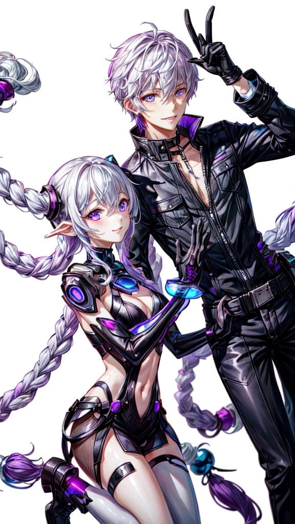 Disorganized、Man and woman couple、highest quality、Masterpiece、Official Art、16K、The best composition、The best light source、The girl has milky white hair with purple inner color, twin long braids, and black clothes in a cyberpunk style.、The man has milky white short hair and a cyberpunk look in white and light blue.、They are gazing at each other lovingly.、A kind smile、