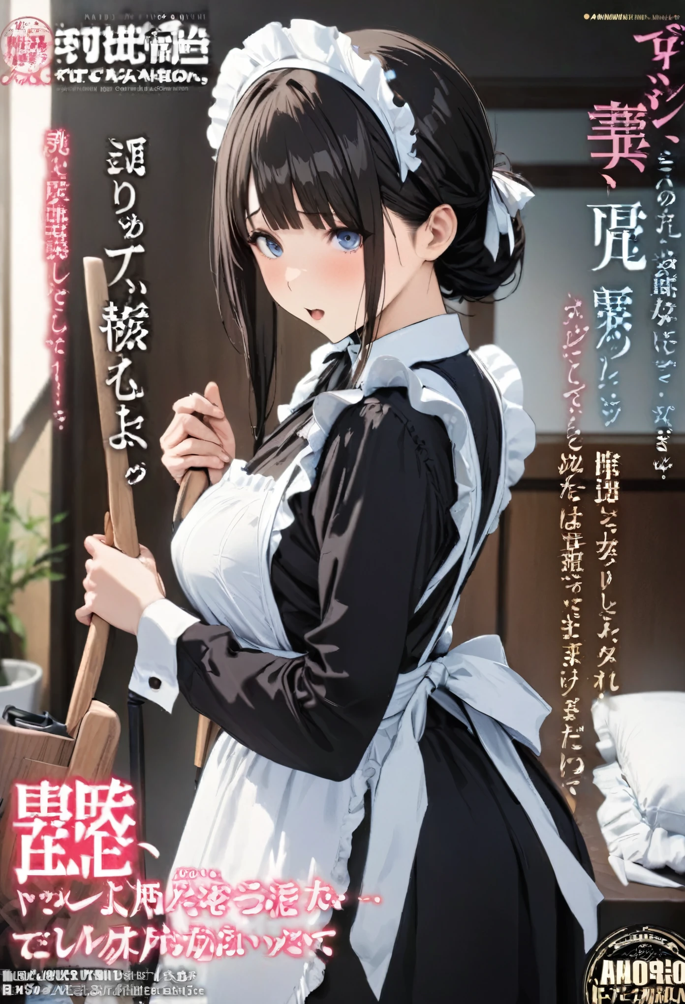 Magazine cover(masterpiece, best quality:1.2),Maid，（（（The eyes are delicate）））Take photos of your cleaning, （（Maid衣服））（8K）（HD）