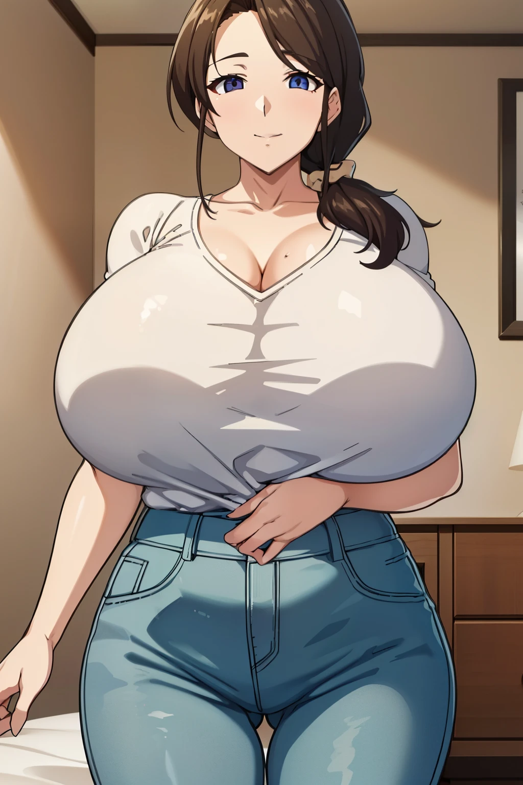 (超High resolution,4K,Super detailed, photograph, 8k, High resolution, High resolution, Absurd:1.2),40-year-old Japanese woman,tall,(Long brown hair),Beautiful character design,Beautifully detailed eye depiction,Perfect face,Expressive eyes,Brown Eyes,smile,(White T-shirt),Blue denim pants,(Huge saggy breasts:1.2),(Deep valley:1.6),Narrow waist,In the bedroom,evening,Cowboy Shot