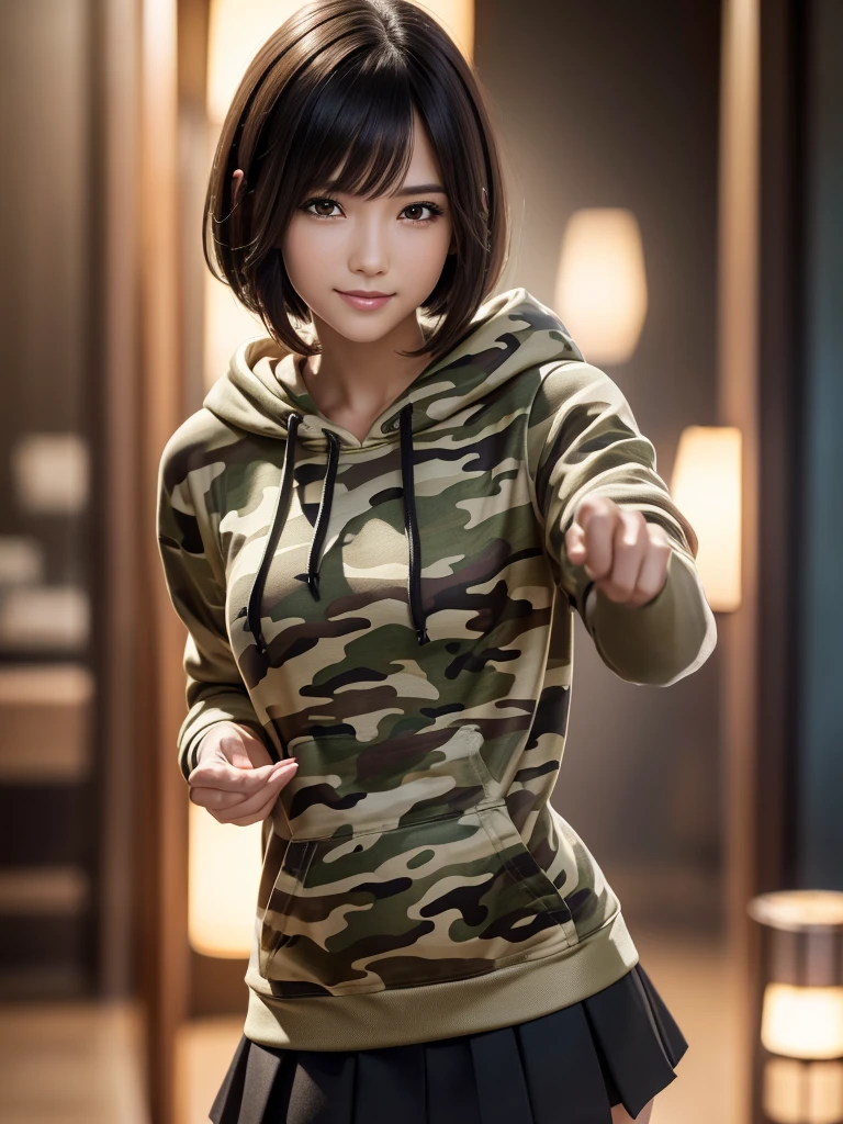 (8k, RAW Photos, highest quality, Tabletop:1.2), (Realistic, Photorealistic:1.4), (Highly detailed 8k wallpaper), Sharp focus, Depth of written boundary, Blur the background, Bokeh, Cinema Lighting, Soft Light, (whole body), 1 girl,18 years old famous Japanese idol, Perfect female body, indoor, (Camouflage hoodie and black micro mini pleated skirt : 1.3), (Long, slender legs), (smile), Glossy lips, Beautiful fine details,Natural Makeup, Shiny and smooth light brown short bob hair, Asymmetrical bangs, Shiny skin, Center image, High resolution, Attention to detail, Detailed hairstyle, Detailed face, 素晴らしいCinema Lighting, Octane Rendering, Vibrant, Ultra-realistic, Perfect limbs, Perfect Anatomy