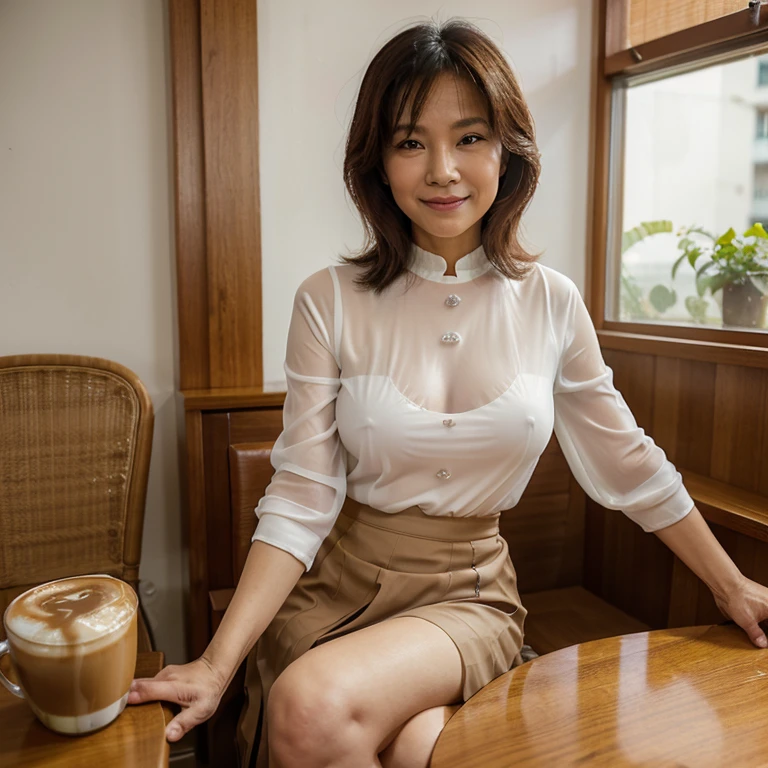 white  wears a transparent top, She is about 60 years old,asian woman sitting at a table ((drinking coffee)), smile,She is about 60 years old., She is about 65 years old, an Asian woman, Late 80s, sitting at a mocha-colored table, skirt a transparent,normal breasts,