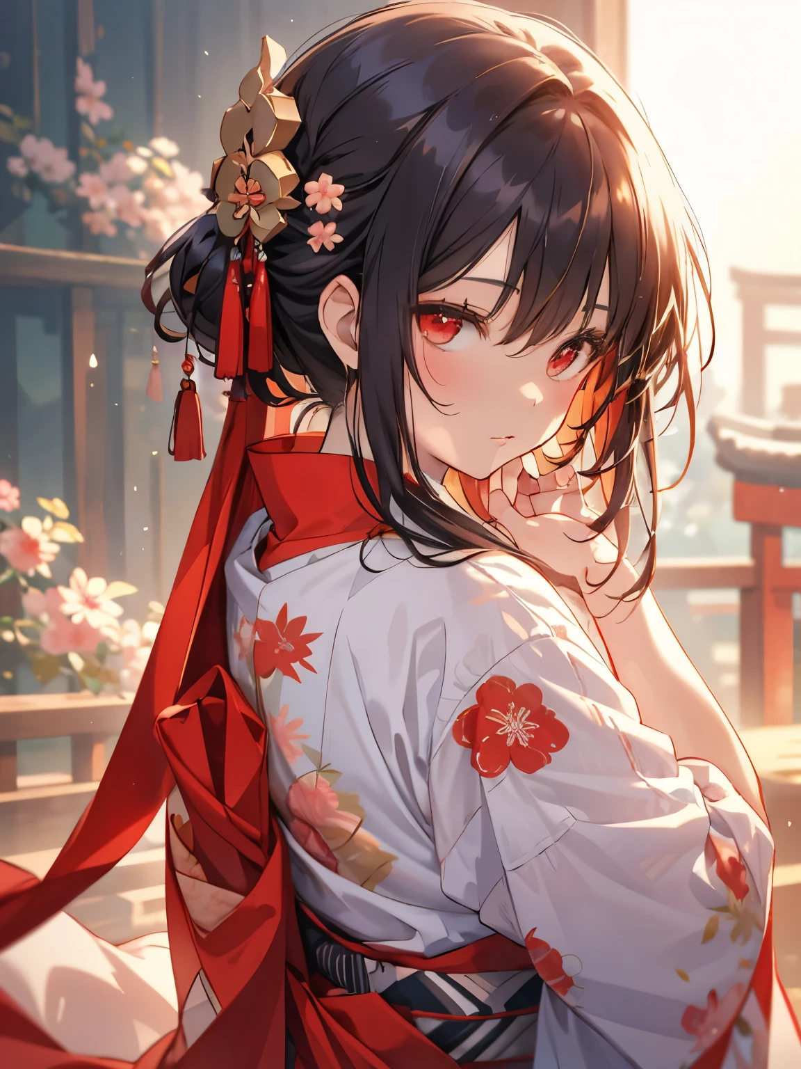 A fantastic background that makes you feel as if you are in a picture scroll from the Heian period. Cute beautiful girls slumped over in kimonos with delicate and vivid floral patterns, Japanese anime style, high quality, sublime never seen before.