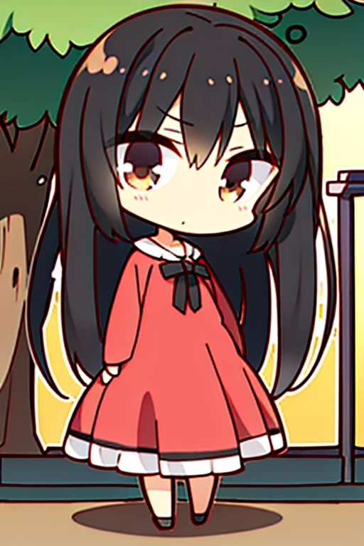 A black haired woman with brown eyes in an hourglass figure in a cute dress is walking through a park