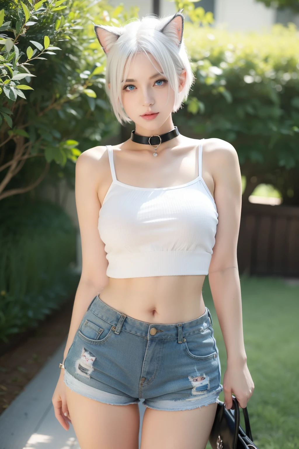 Girl, short white hair, blue eyes, cat ears, cat whiskers, cat collar, cat tail, big breasts, exposed belly, short pants,