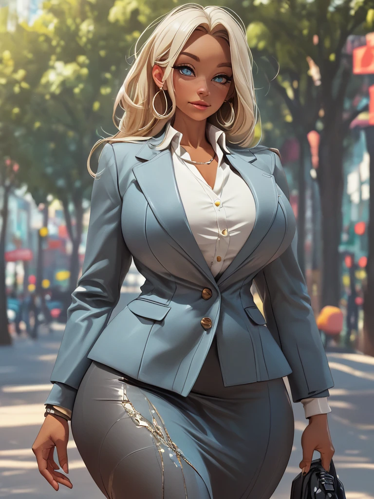 (extremely detailed CG unity 8k wallpaper:1.5),<(masterpiece:1.5), (best quality:1.7), high resolution illustration, (finely detailed eyes and detailed face:1.3), (detail:1.3, best quality, (ultra-detailed), (an extremely delicate and beautiful), (illustration), (painting),(masterpiece:1.5),cinematic light,dynamic angle,floating,sharp focus,(2d:1.7), (best quality:1.3),(illustration:1.1),((disheveled hair:1.2),(beautiful detailed eyes:1.1),(cinematic light:1.1), beautiful (40 year old) African woman,  ((wearing henley buttoned-up blazer-suit and long pencil-skirt)), at park, outdoor, curvy body type, voluptuous body type, curvy body type, thick body type, big chest, big , (full_body), 