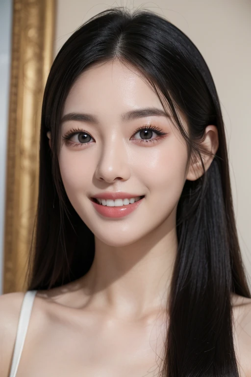 (8k, RAW Photos, highest quality, masterpiece, Realistic, Realistic), (1 female), (Ultimate beauty), Highly detailed face, (Perfect Teeth), Beautiful Eyes, double eyelid, eyelash, smile, Lip details, Long black hair, indoor, Beautiful breasts, 