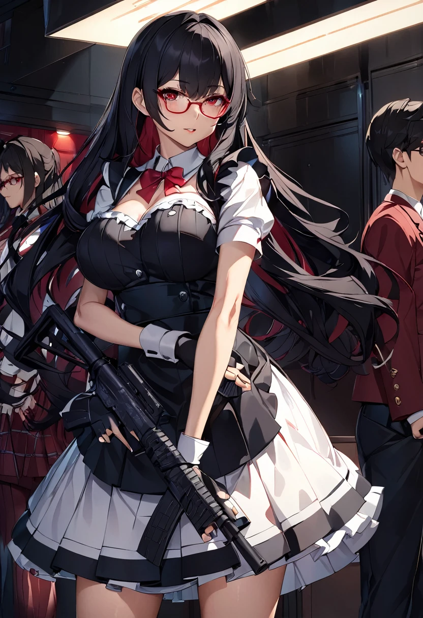 masterpiece、highest quality、Ultra-high resolution、Maximum resolution、Very detailed、Professional Lighting、anime、woman、thin、so beautiful、high school girl、Maid clothes、Equipped with an assault rifle、(((SCAR-L )))、Red Eye、Black Hair、long hair、Fingerless gloves、Red Glasses、Are standing