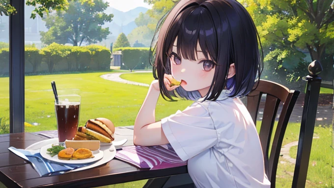 (Masterpiece,Highest quality),(Maximum details),woman,10 years old,short hair,black hair,Cute face,3D, Dimensional.,3D image,brown eyes,Wear a white short-sleeved shirt,Wear purple pants,action,Eat fried eggs,นั่งอยู่บนchair,decorate,table,chair,backdrop,park,spoon in hand,no breasts