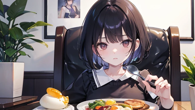 (Masterpiece,Highest quality),(Maximum details),woman,10 years old,short hair,black hair,Cute face,3D, Dimensional.,3D image,brown eyes,Wear a white short-sleeved shirt,Wear purple pants,action,Eat fried eggs,นั่งอยู่บนchair,decorate,table,chair,backdrop,park,spoon in hand,no breasts