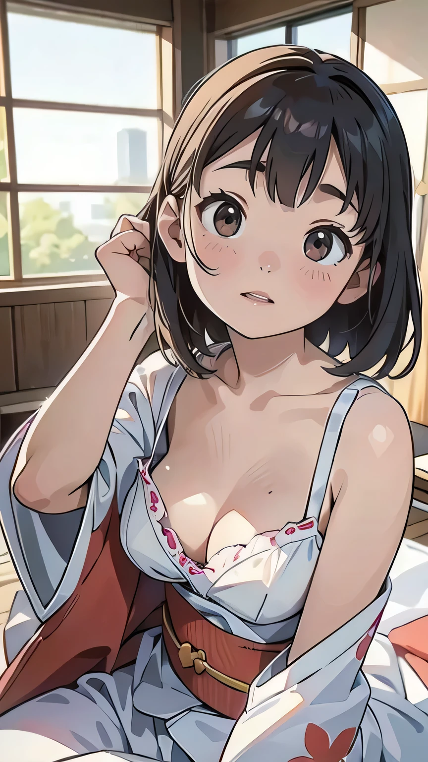 A Japanese woman in her 50s sitting on the floor wearing white underwear, realistic Young Gravure Idol, Yoshitomo Nara, sakimichan, Young beautiful gravure idol, Young Gravure Idol, shikamimi, Chiho, 8k)), Young Sensual Gravure Idol, healthy, Glowing Skin!!, Glossy silver,Japanese Style House,On the bed,Mole under left eye,Cute freckles on the cheeks,((Beautiful Skin)),((Skin Texture)),((Real skin feel)),(Decorative detail bra , Sensual )