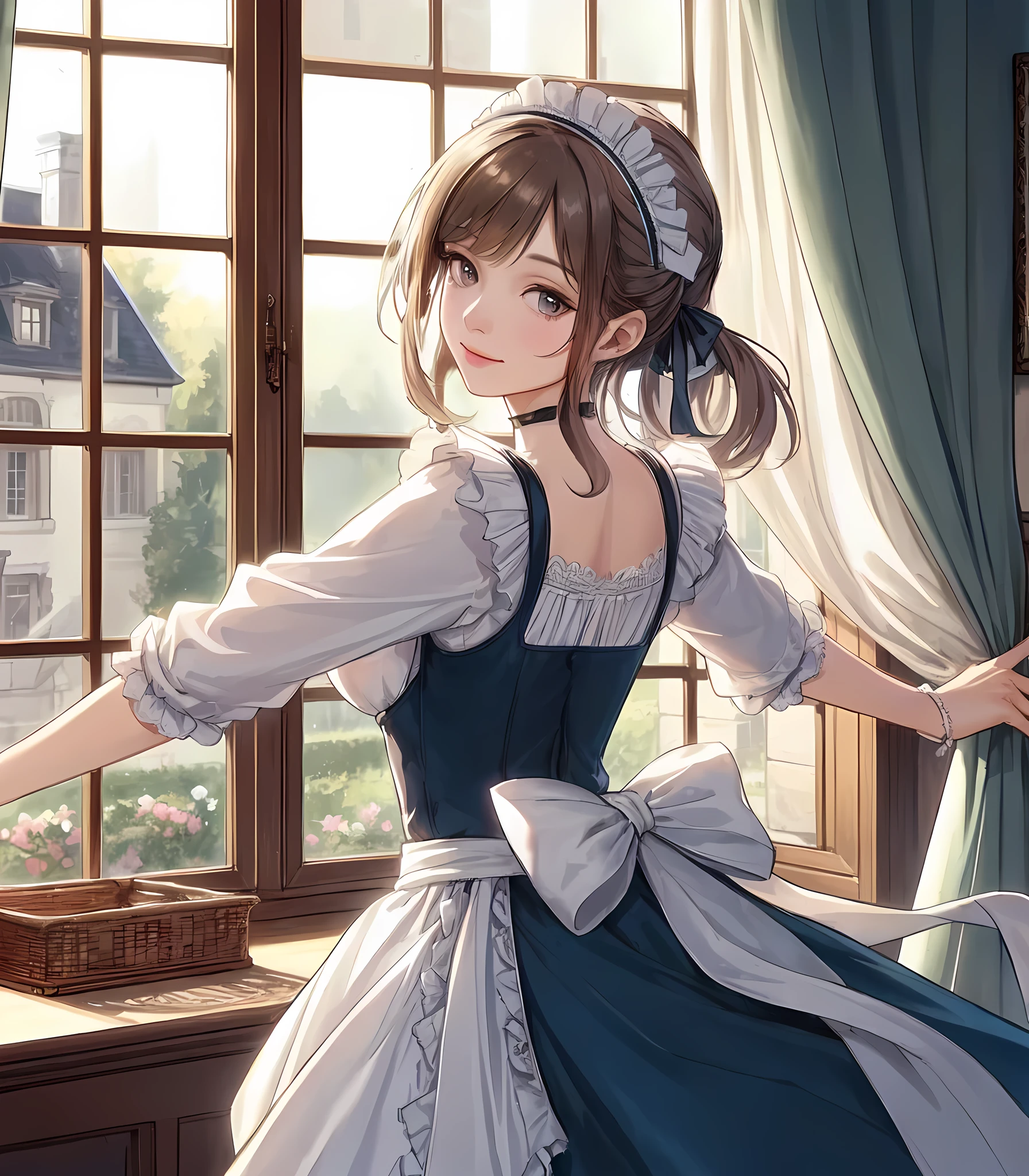 1lady solo, standing, (looking back) (from behind), (opening curtain set on the window), female servant, (maid outfit) classical, (calm attire), (long skirt), (maid headset), mature female, /(dark beige hair/) bangs, kind smile, (looking at viewers), (masterpiece best quality:1.2) delicate illustration ultra-detailed BREAK (mansion) medieval European, indoors, window, soft sunlight, noon, detailed background