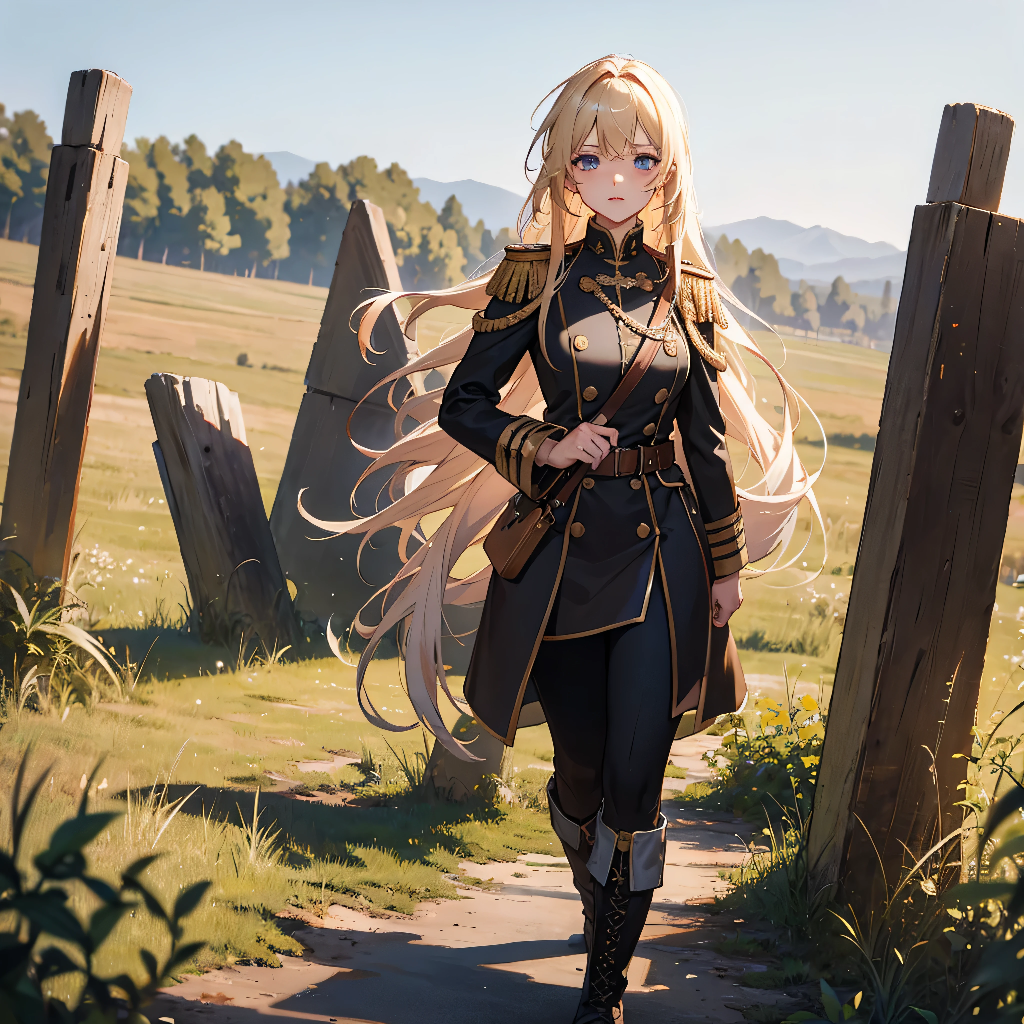 Masterpiece, one girl, blonde girl, long straight hair, messy hair, military prussian uniform, walking in a field, prominent breasts, pretty face, pink lips, plunging cheeks, black boots, dark gray uniform, mud-stained boots, slightly dirty clothes, slightly bruised face