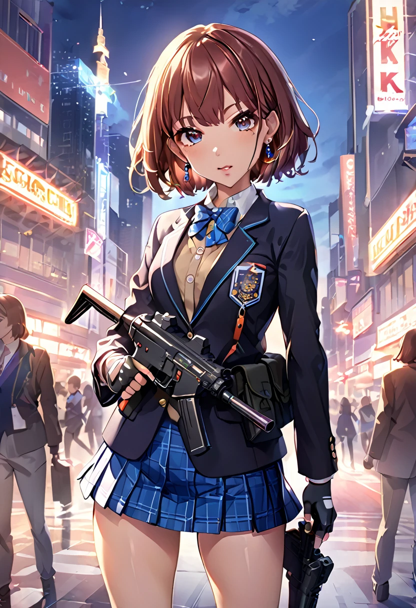 masterpiece、highest quality、Ultra-high resolution、Maximum resolution、Very detailed、Professional Lighting、anime、woman、thin、so beautiful、high school girl、blazer、Has a submachine gun、Mischievous、Reddish brown hair、Short Hair、Earrings、Fingerless Gloves、Beautiful eyes、Gloss Lip、Tactical Boots、Equipped with transparent orange shooting glasses、Equipped with a chest rig、Standing alone on the battlefield、Aggressive pose